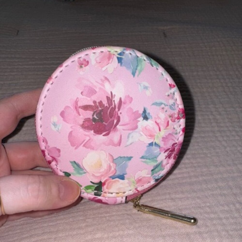 NWOT Catherine Malandrino Mini Pink Floral Round Zippered Coin Purse